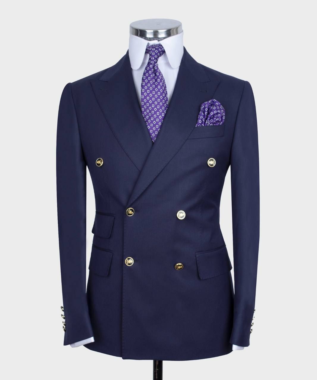 New Arrival Dark Blue Point Collar Double-Breasted Suit