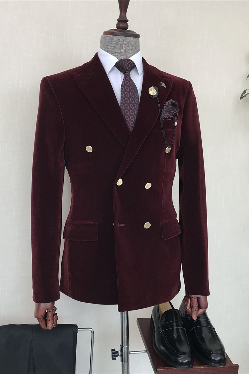 Burgundy Velvet Double-Breasted Chic Formal Suit with Black Pants