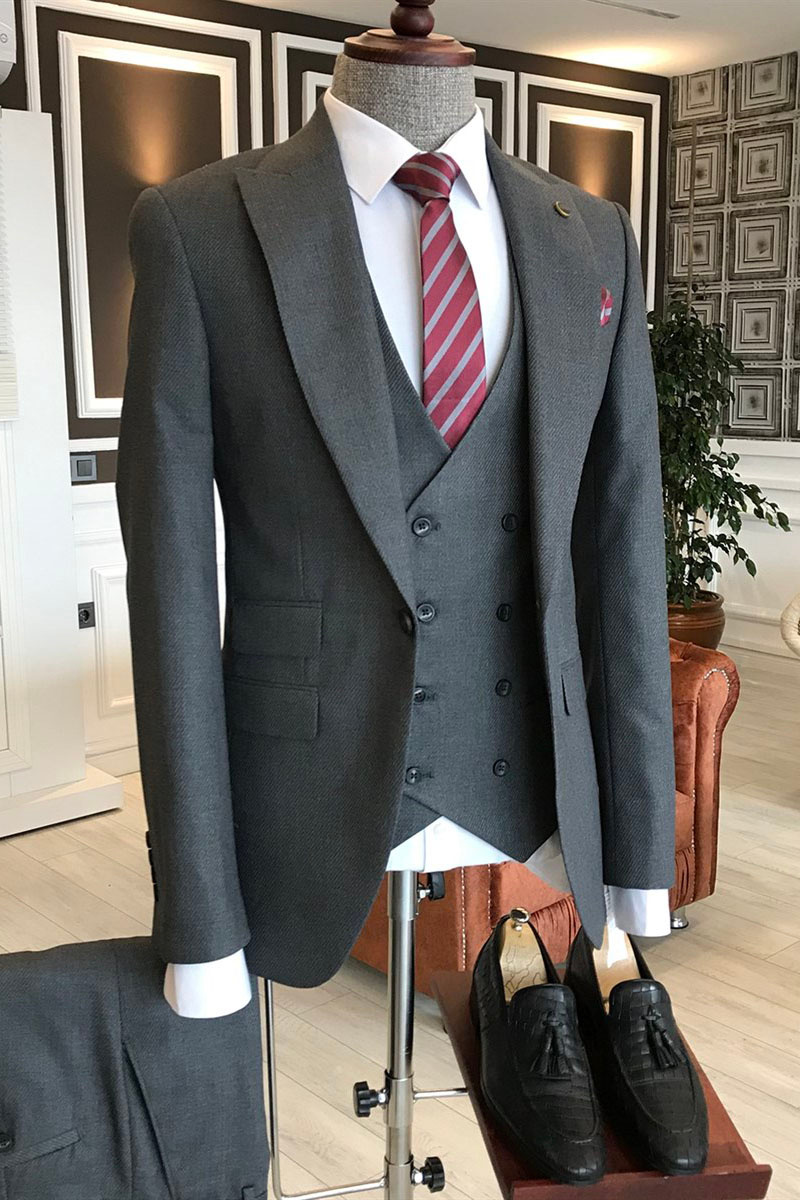 Adolph Gentle Dark Grey Wool Three-Piece Point Lapel Business Suit