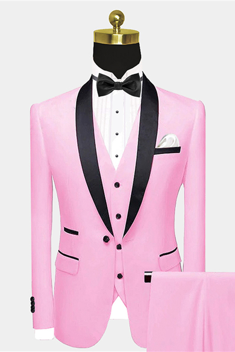 Slim Fit Chic Candy Pink Black Satin Shawl Lapel Prom Suit
