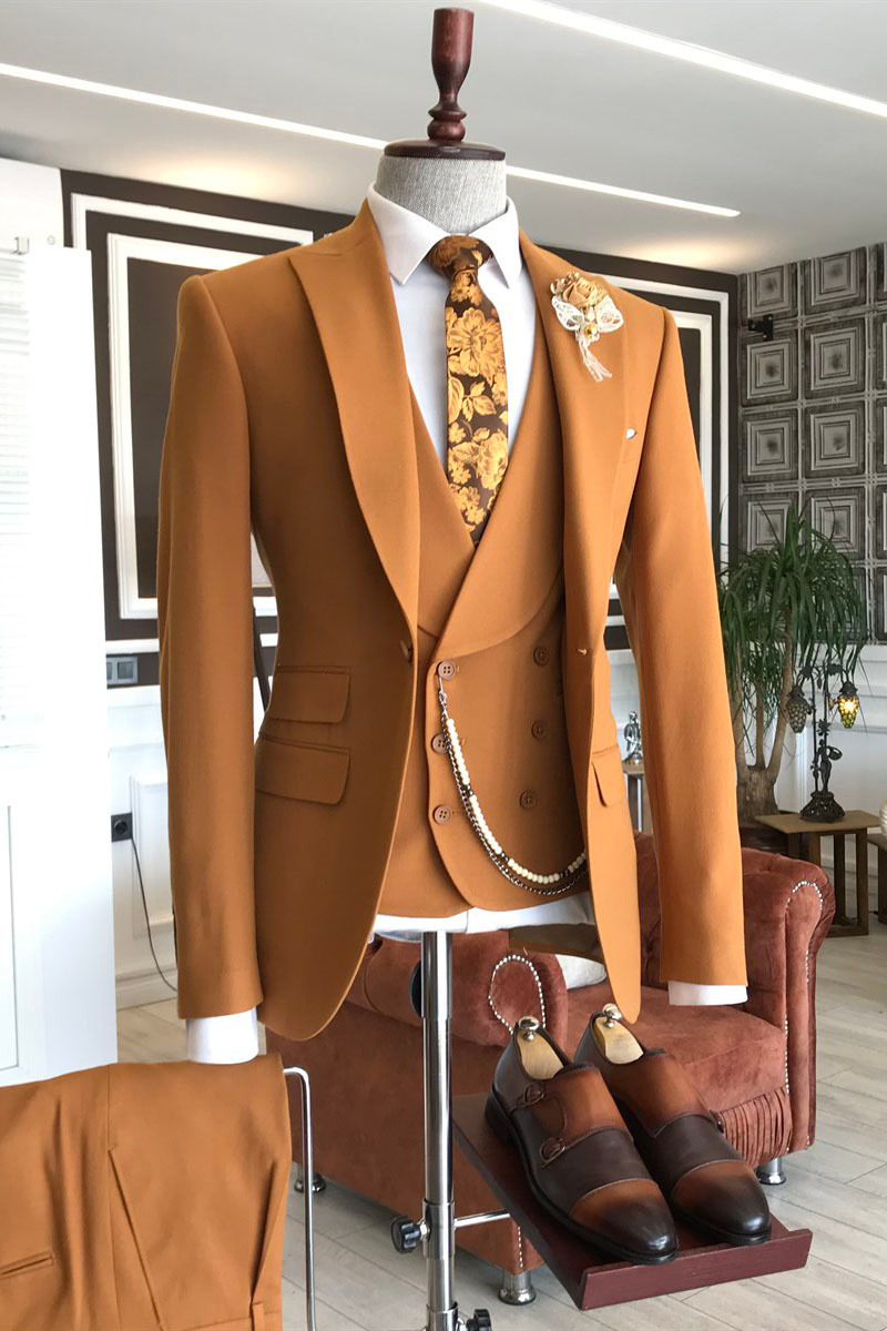 Jacob Stylish Orange Point Lapel Double Breasted Vest Tailored Prom Suit For Men