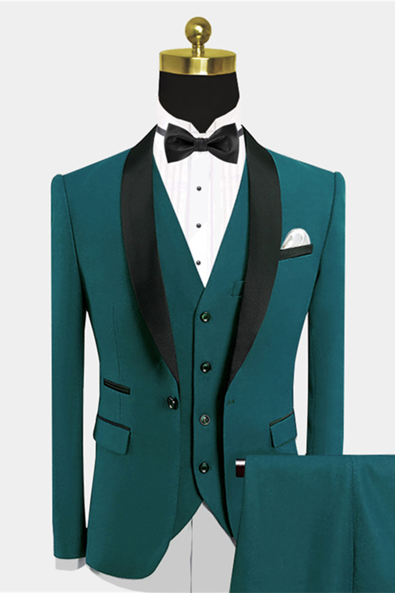 Popular Green Prom Suit Black Satin Shawl Lapel Wedding Suit