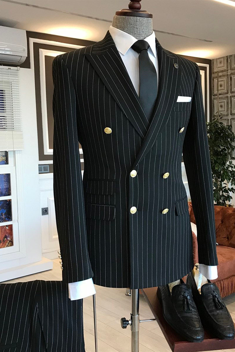 Tab Fashion Black Striped Point Lapel Double Breasted Business Suit