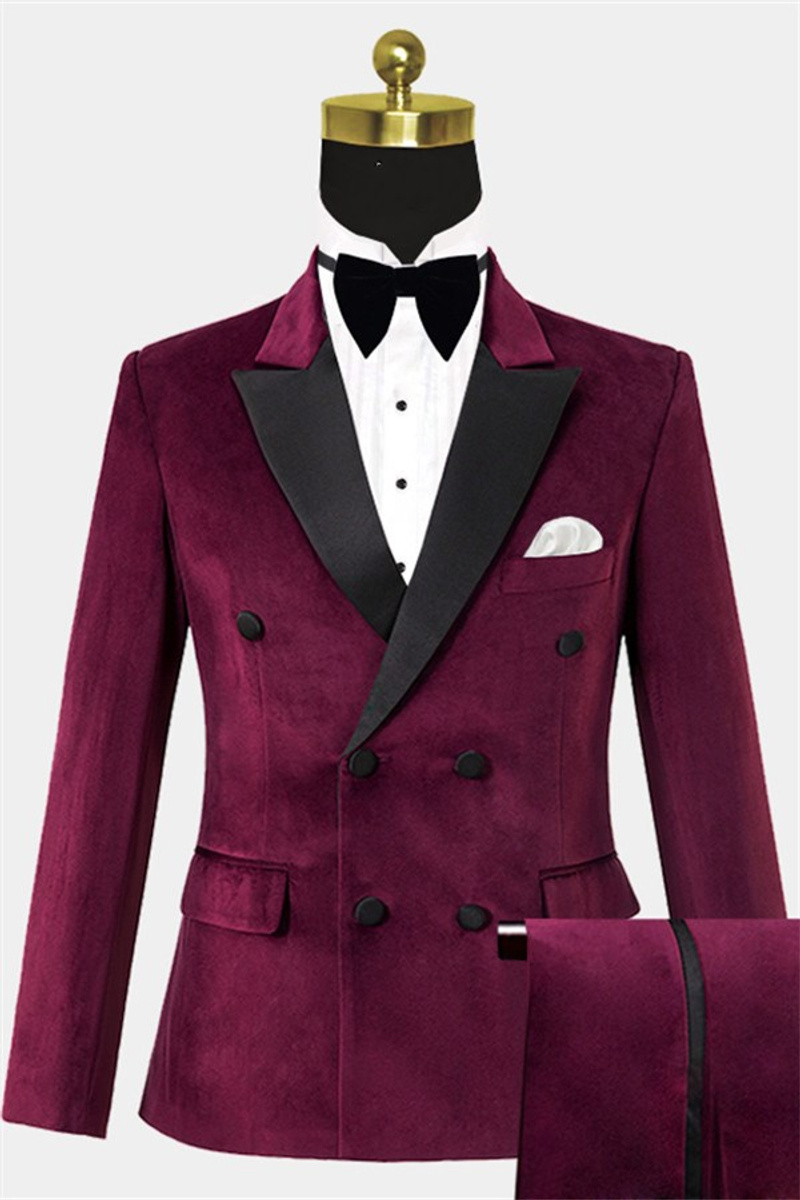 Burgundy Velvet Prom Suit Notched Lapel Suit