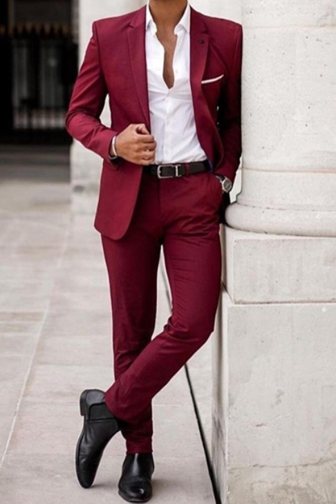 Brent Burgundy Notched Lapel Slim Fit Men Prom Suit