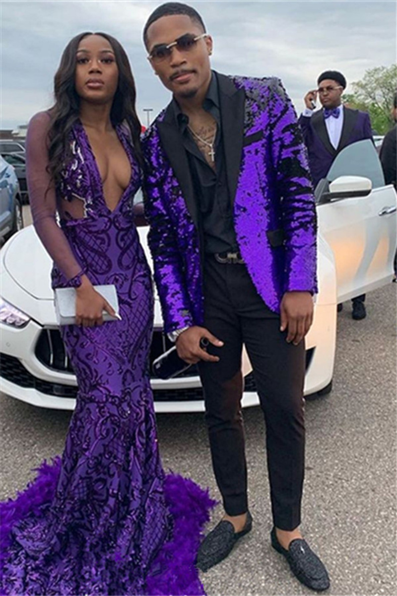 Trendy Purple Sequin Men Suit Two-Piece Slim Prom Men Suit