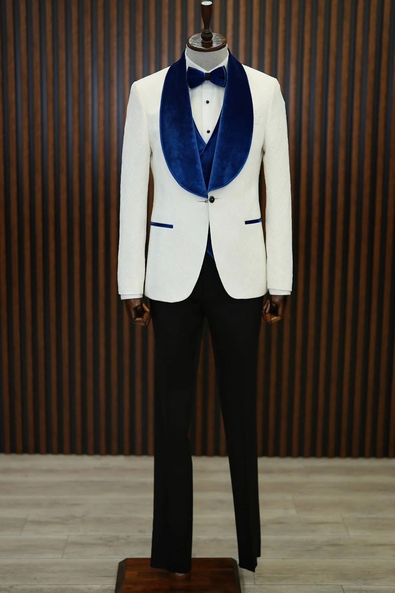 bella Blue Velvet Shawl Lapel Jacquard Slim Fit Three-Piece Tuxedo