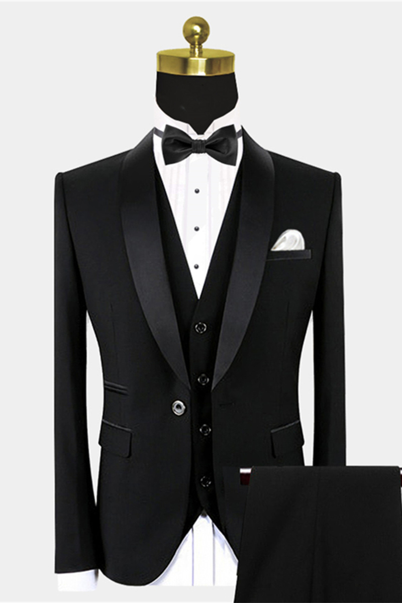 Traditional Black Groom Suit Black Satin Shawl Lapel Wedding Tuxedo for Groomsmen - Vincent