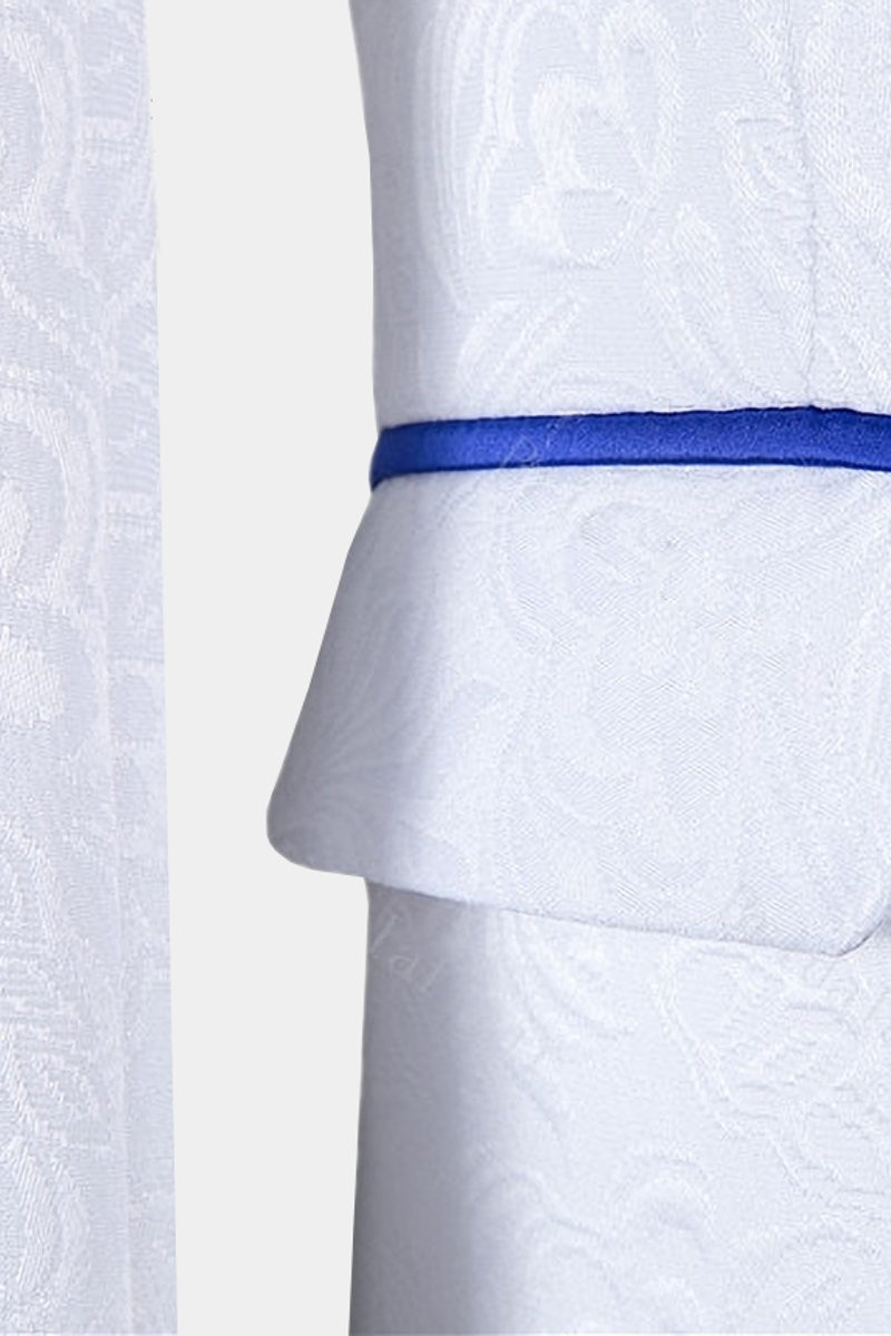 White Jacquard Tuxedo with Blue Shawl Lapel Three-Piece Set