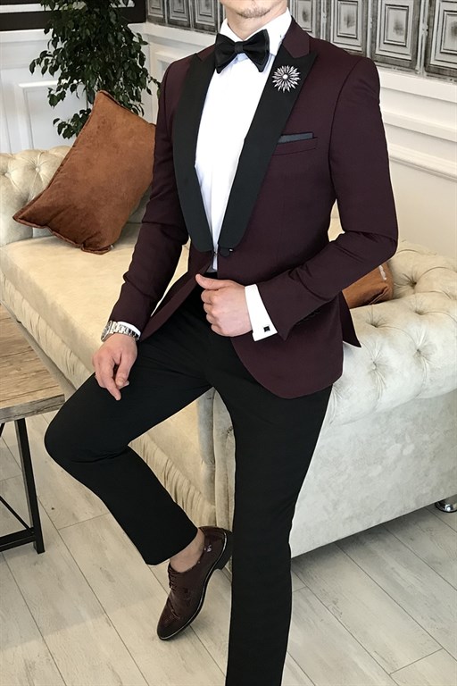 Jeffrey Burgundy with Black Peaked Lapel One-Button Formal Suit