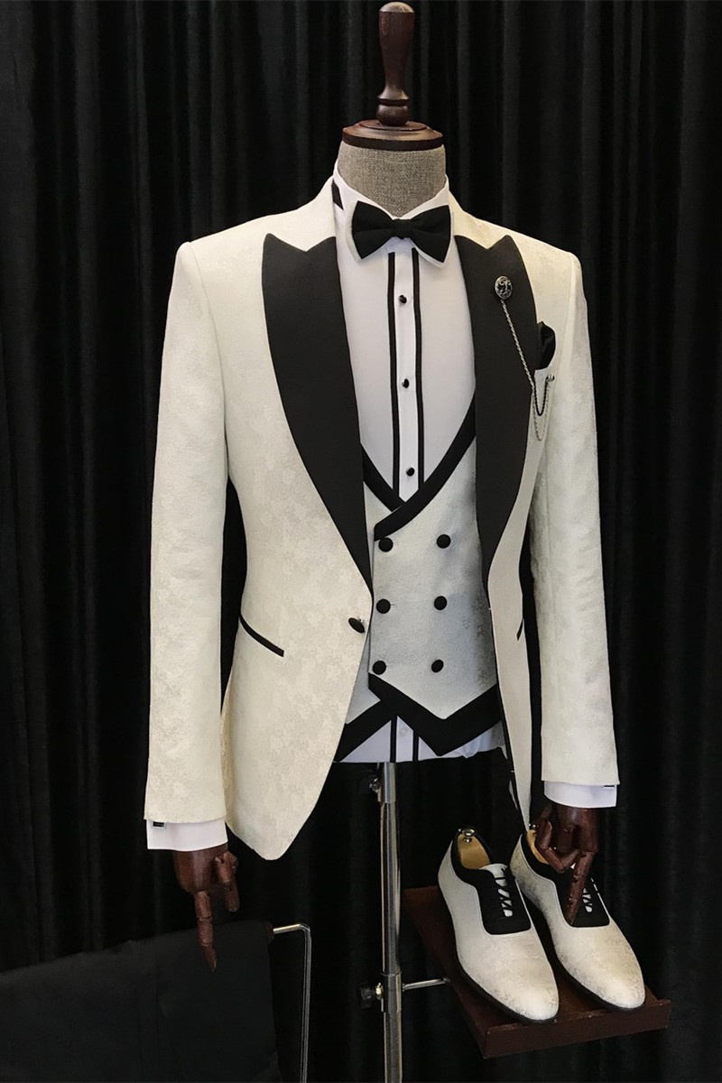 Alvin New White Jacquard Three-Piece Black Point Lapel Wedding Suit