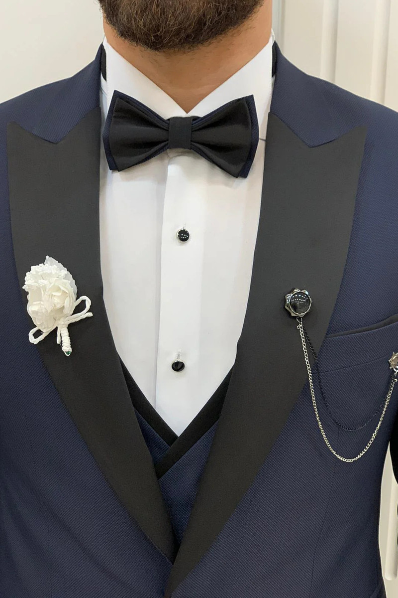 Modern Fashion Navy Blue Velvet Slim Fit Three-Piece Tuxedo with Peak Collar