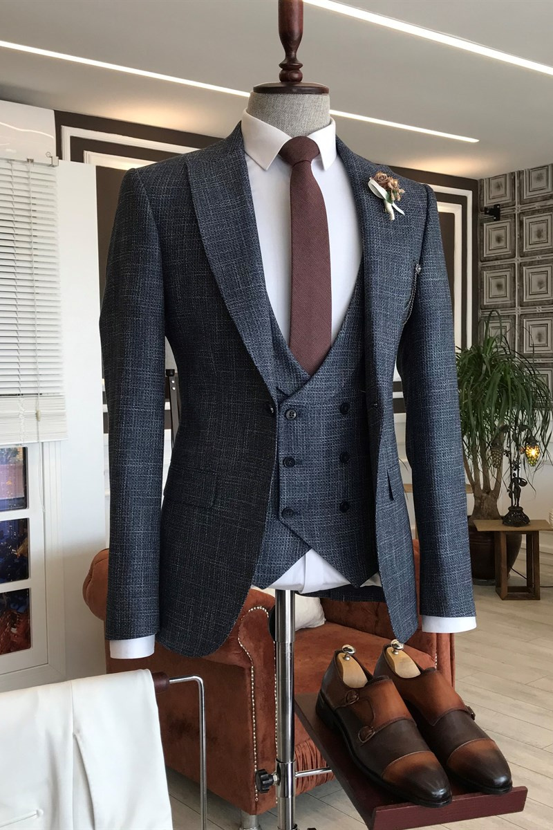 Derrick New Black Check Lapel Double-Breasted Vest Formal Suit