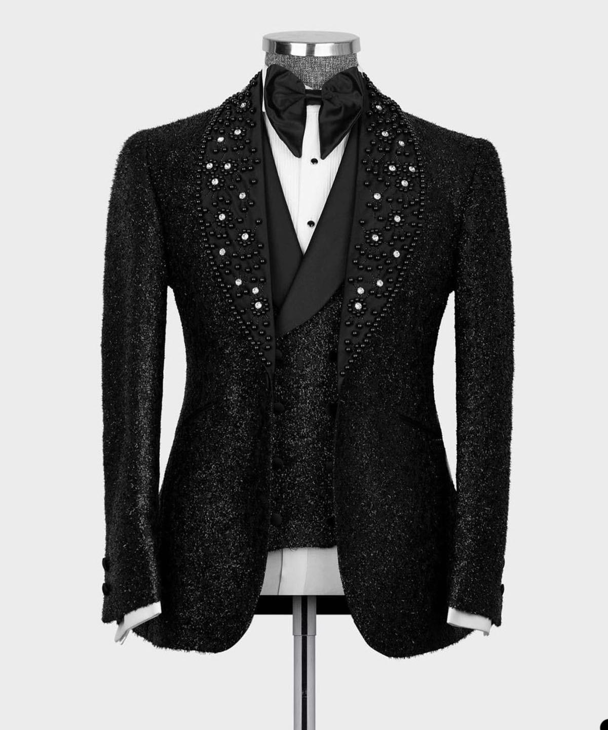 Shiny Black Beaded Shawl Lapel Three-Piece Chic Prom Suit