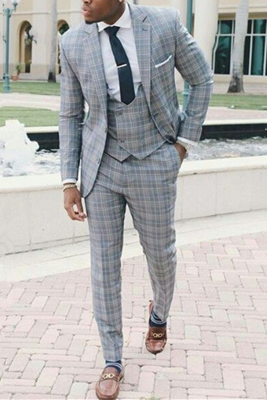 Trendy Plaid Suit Three-Piece Notched Lapel Slim Fit Prom Suit
