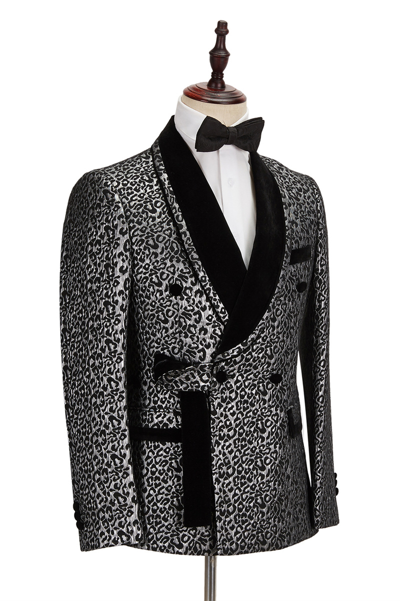 Black Stitching Silver Leopard Jacquard Suit Shawl Lapel Double-Breasted Wedding Suit