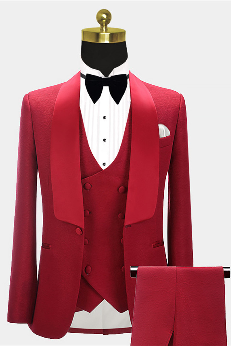 Abbas Red Three-Piece Fashion Shawl Lapel Wedding Groom Suit
