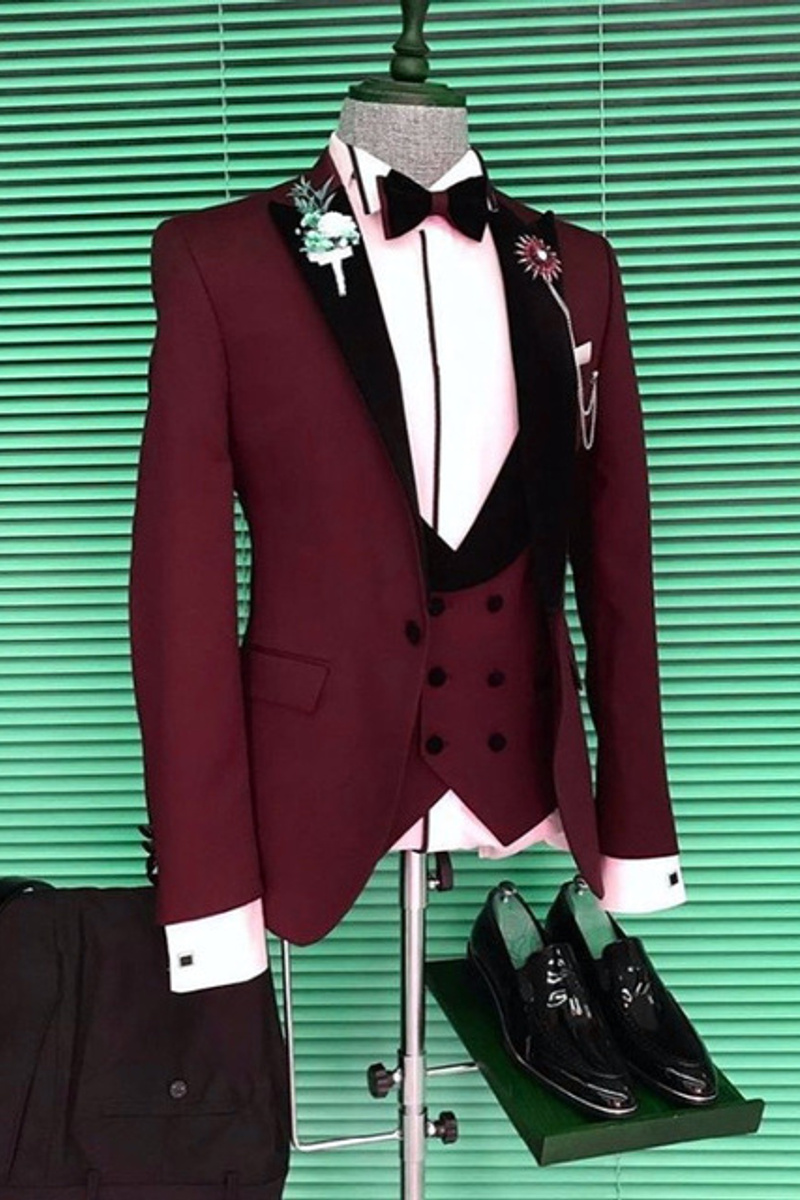 Devon Slim Fit Burgundy Three-Piece Suit with Black Point Lapel