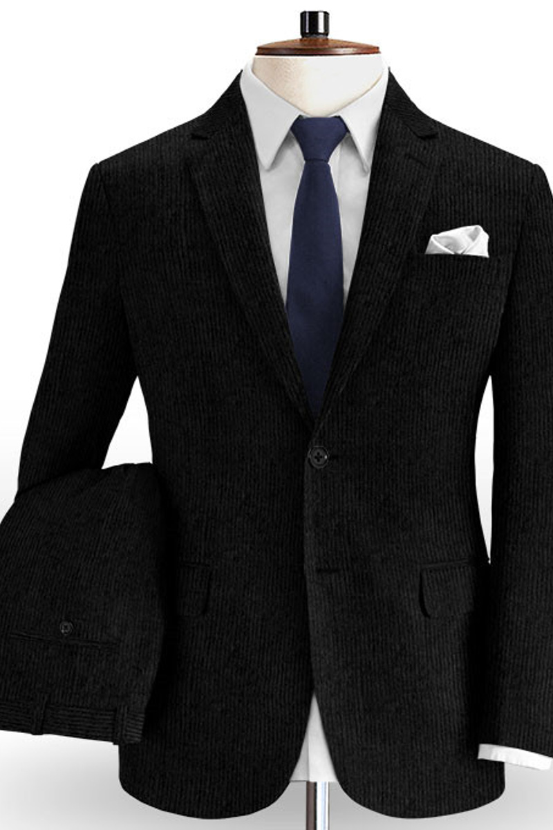 Black Corduroy Business Men Suit Custom Striped Tuxedo 2 Piece
