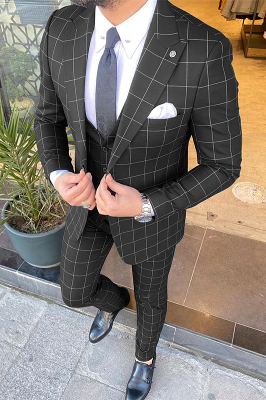 Micheal Black Check Point Lapel Three Piece Suit
