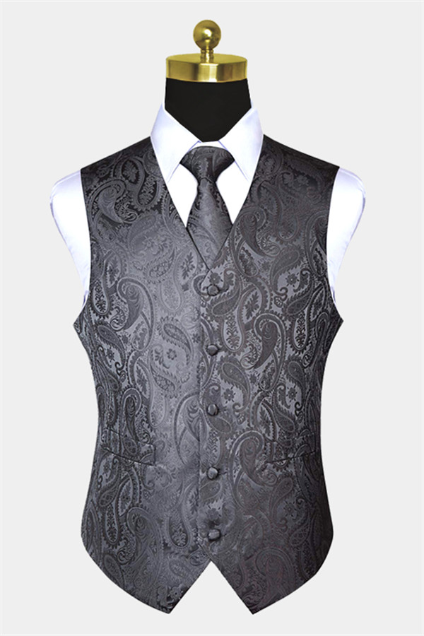 Graham Silk Charcoal Grey Paisley Vest With Tie