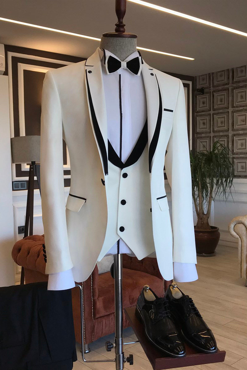 Matt Simple Black White Notched Lapel Slim Fit Prom Men Suit