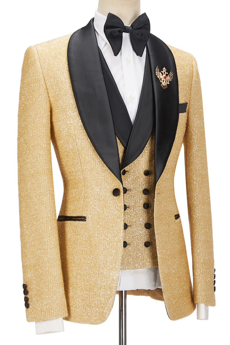 Andrew Sparkly Gold Shawl Lapel Three-Piece Wedding Suit