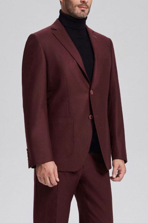 Burgundy Solid Color Patch Pocket Chic Suit