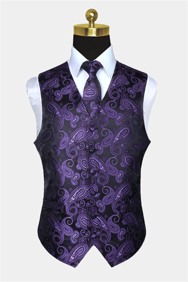 Purple Paisley Slim Men Tuxedo Vest Set