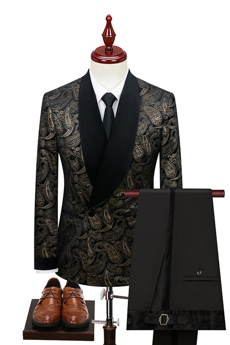 Brown Jacquard Shawl Collar Velvet Two-Piece Suit Banquet Prom Suit