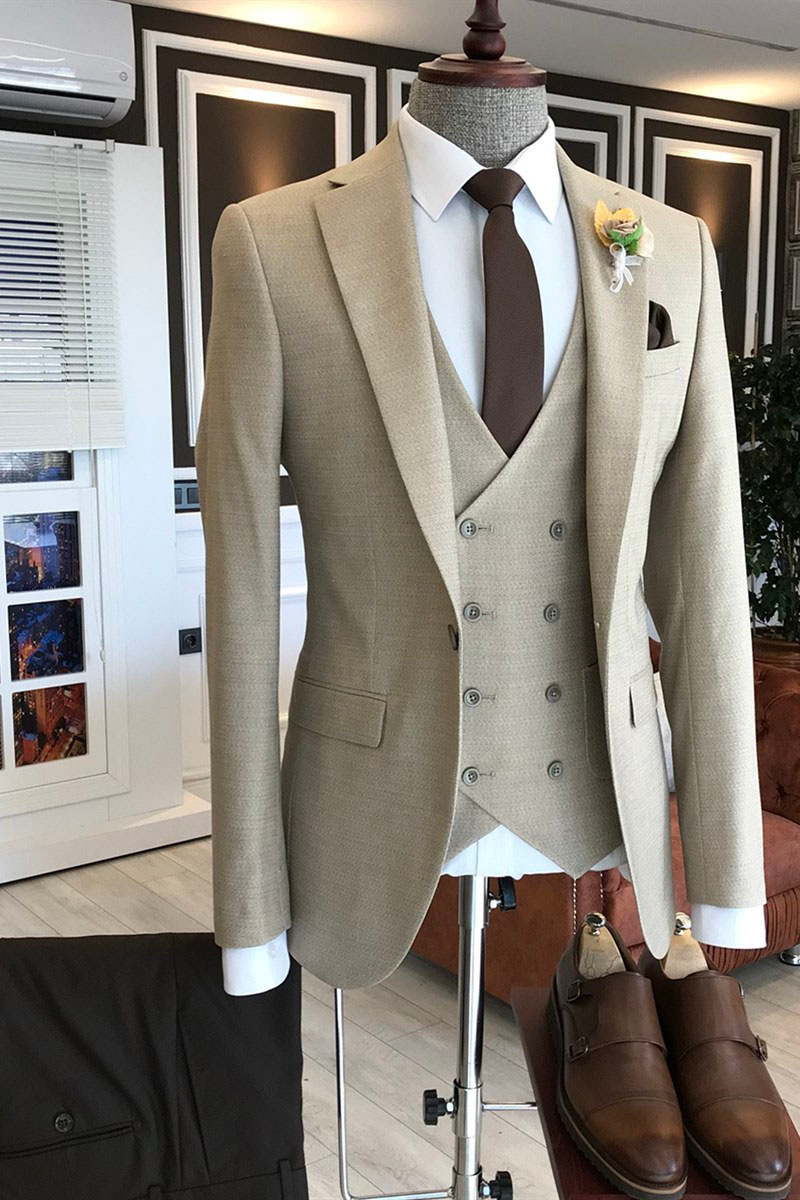Hot Light Brown Notched Lapel Two Flap Double Breasted Vest Business Suit