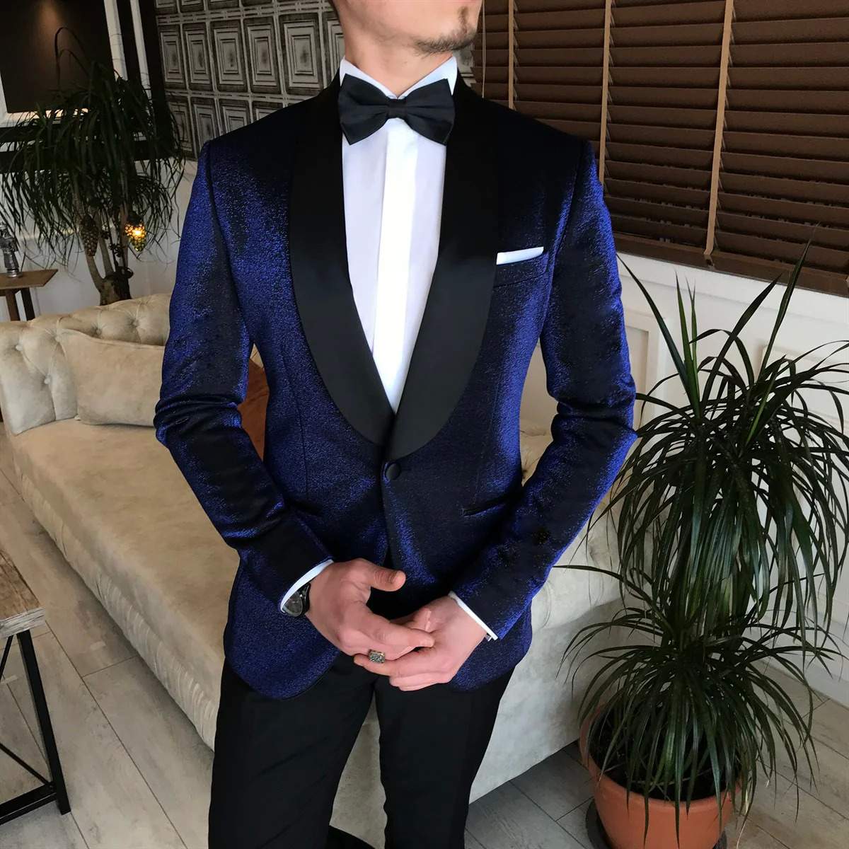 Luciano Shiny Navy Shawl Lapel Wedding Suit with Black Lapel