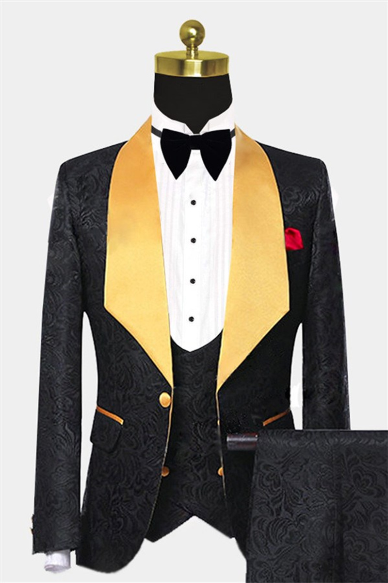 Gold Shawl Lapel Black Jacquard Tuxedo Three Piece Men Suit