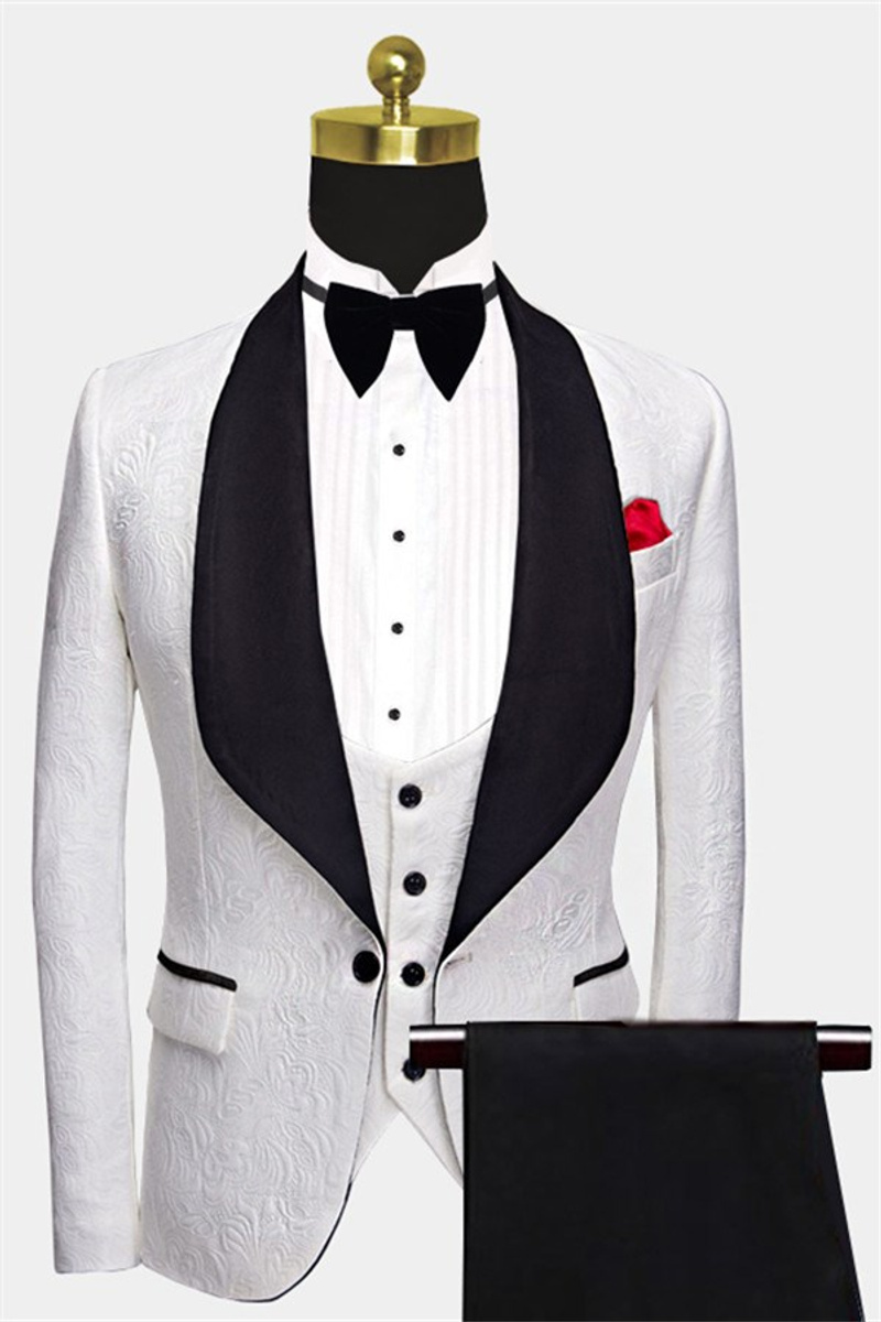 Black Lapel Floral White Suit Three-Piece Evening Suit