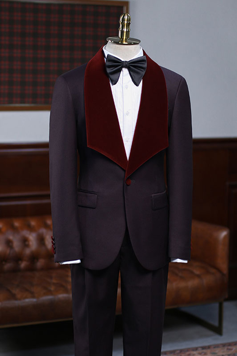 Alexander Unique Burgundy Two-Piece Groom Wedding Suit with Velvet Lapel