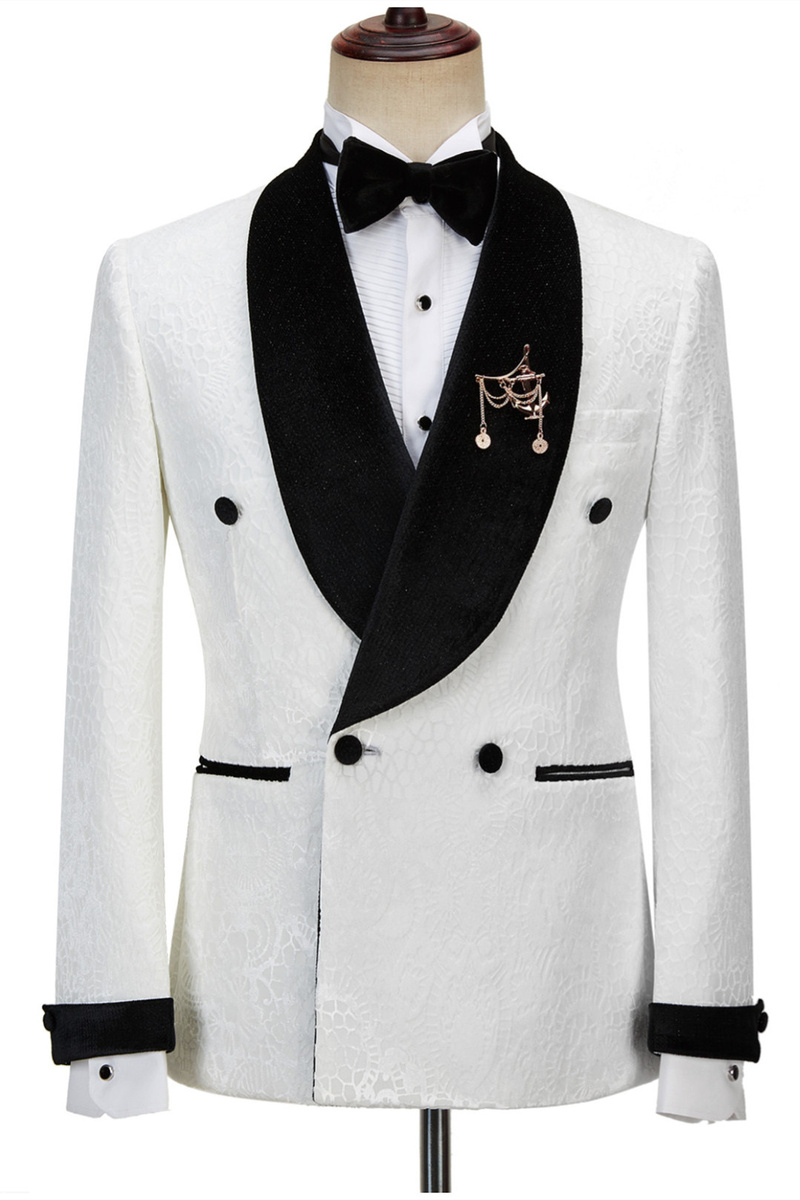 Jesus Chic Sparkle Shawl Lapel Jacquard Double-Breasted Wedding Suit in White