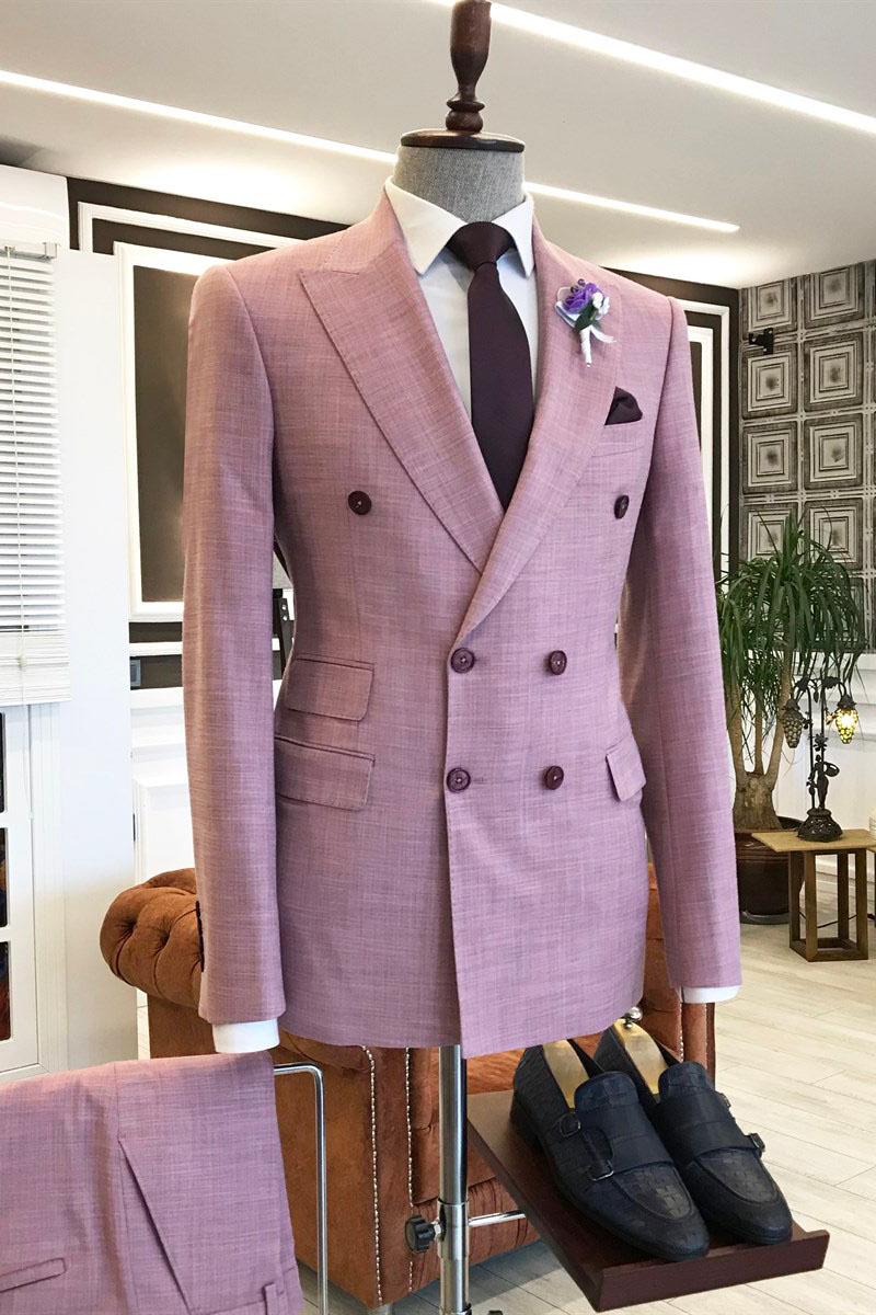 Unique Pink Pointed Lapel Double Breasted 3 Flap Men Prom Suit