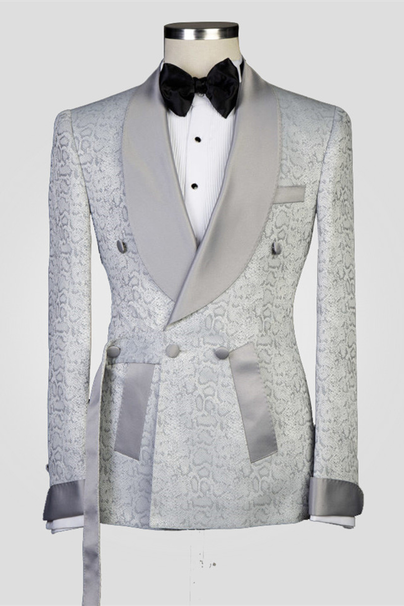 Braiden Silver Shawl Lapel Double-Breasted Jacquard Wedding Set