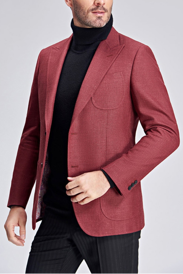 Trendy Red Spiked Lapel Patch Pocket Slim Fit New Men Blazer