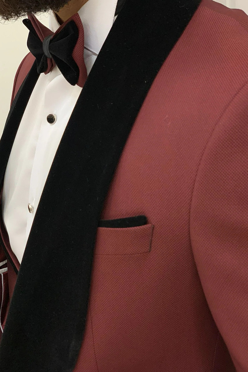 Allen Burgundy Velvet Slim Fit Three-Piece Tuxedo with Shawl Lapel