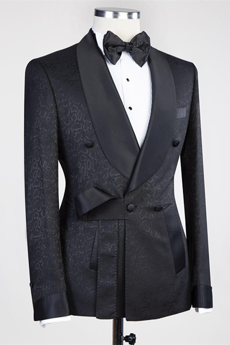 Ernesto Black Double-Breasted Cape Lapel Jacquard Wedding Suit