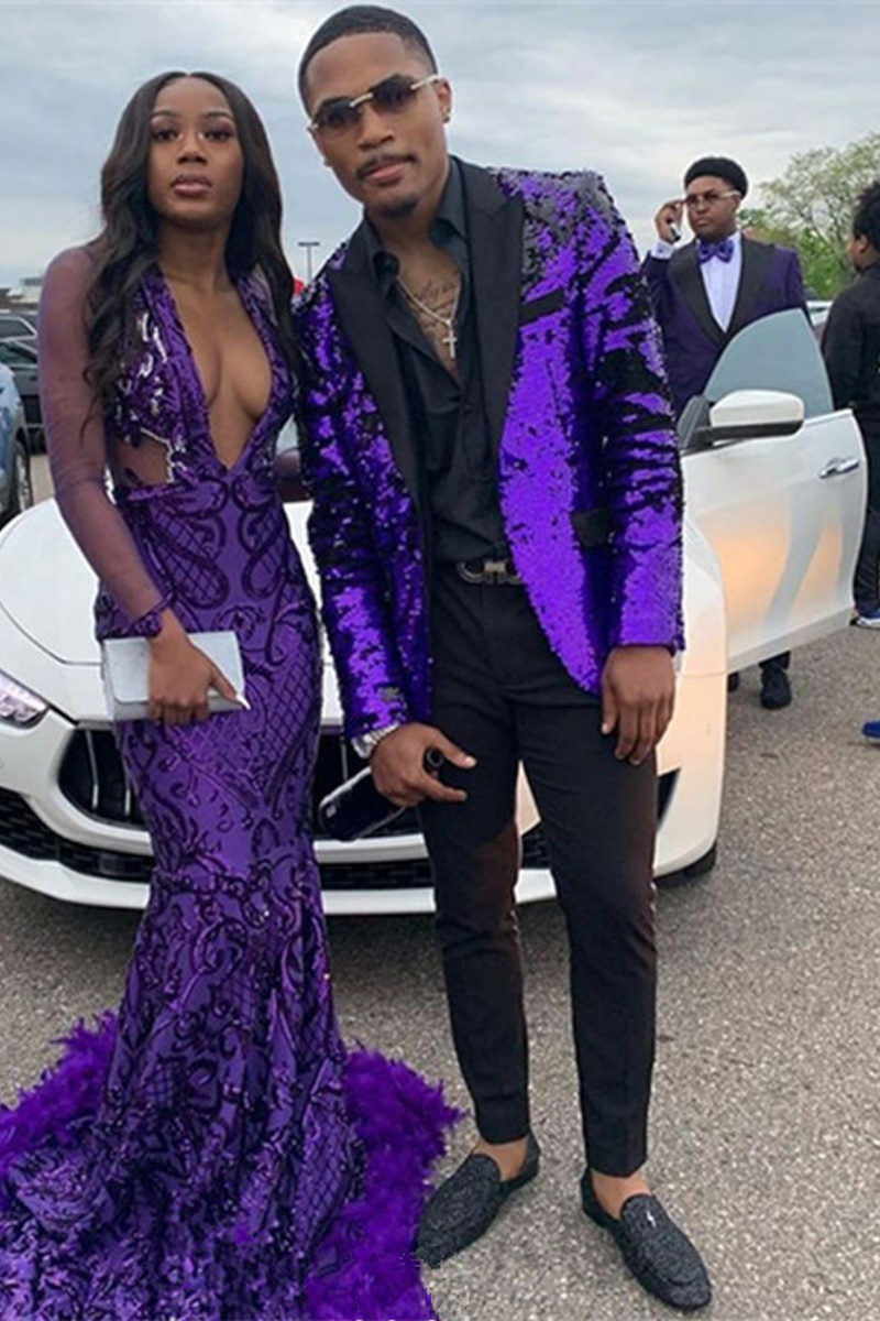 Trendy Purple Sequin Men Suit Two-Piece Slim Prom Men Suit