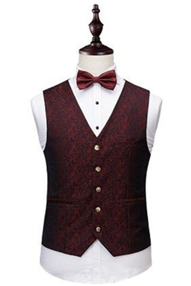 Men Wine Ruby Notched Laple Prom Suit Custom Three Piece Jacquard Tuxedo