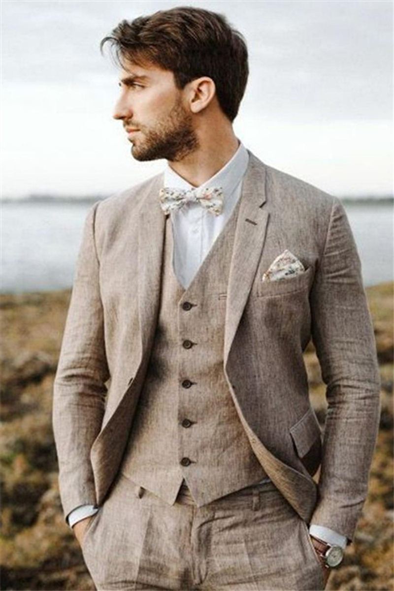 Khaki Linen Summer Beach Classic Suit Three-Piece Groom Wedding Tuxedo