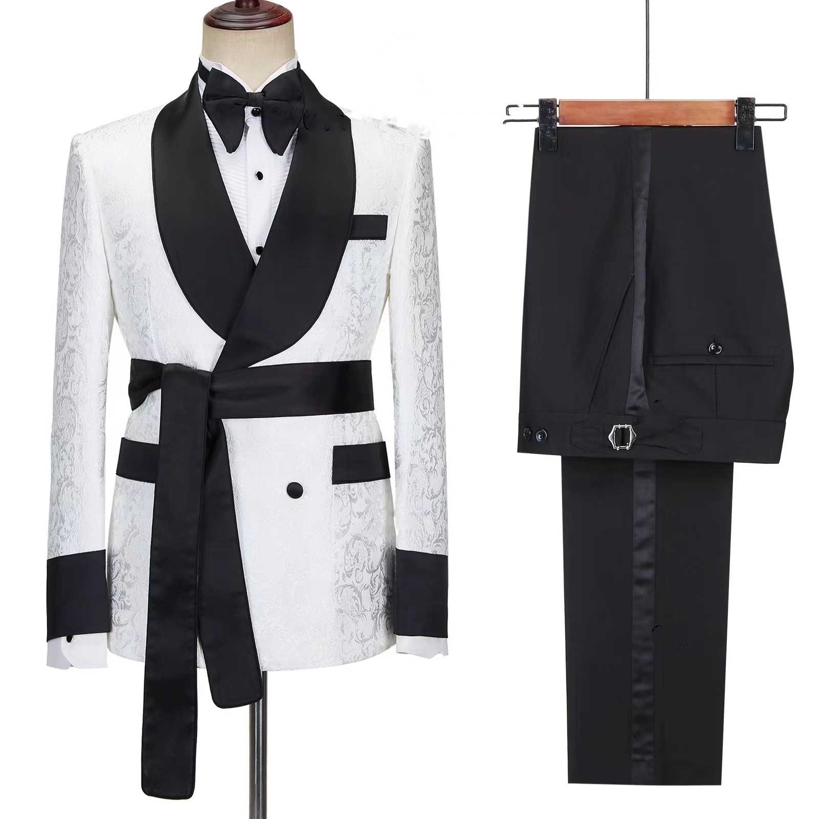 White Men's Nightgown Suit with Shawl Collar Banquet Prom Suit with Belt