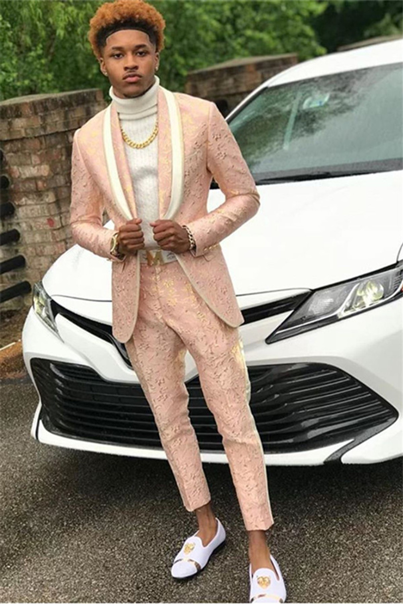 Online Prom Pink Jacquard Men Suit Shawl Lapel Prom Suit