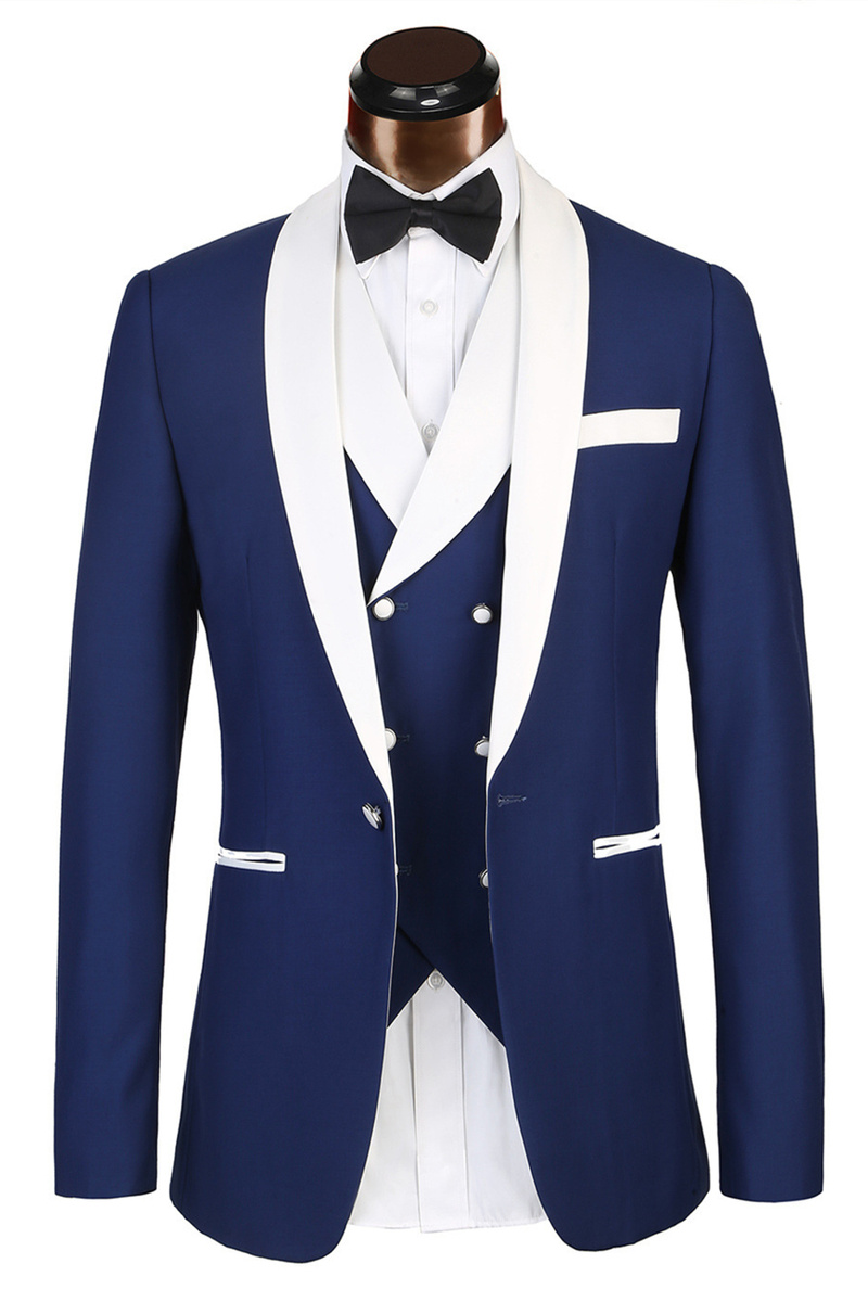 Three-Piece Classic White Lapel Edge Banding Formal Blue Wedding Suit