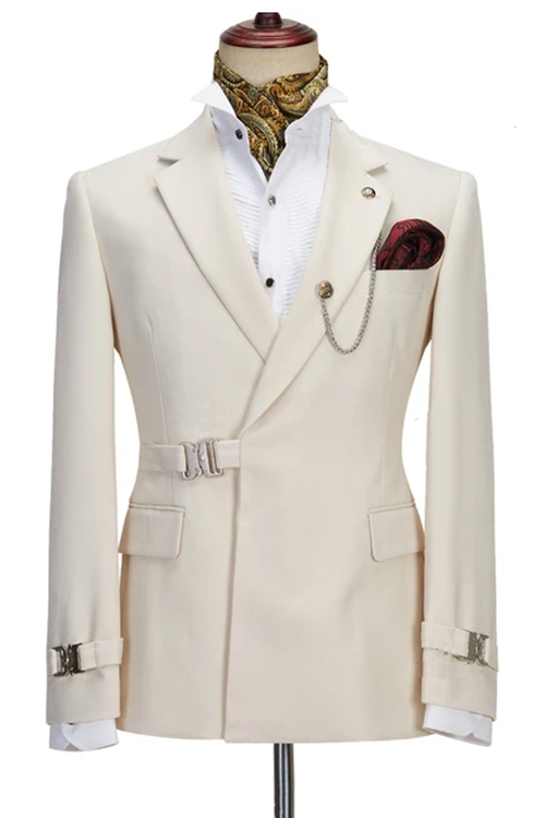Ivory White Notched Lapel Side Buckle Fashion Suit