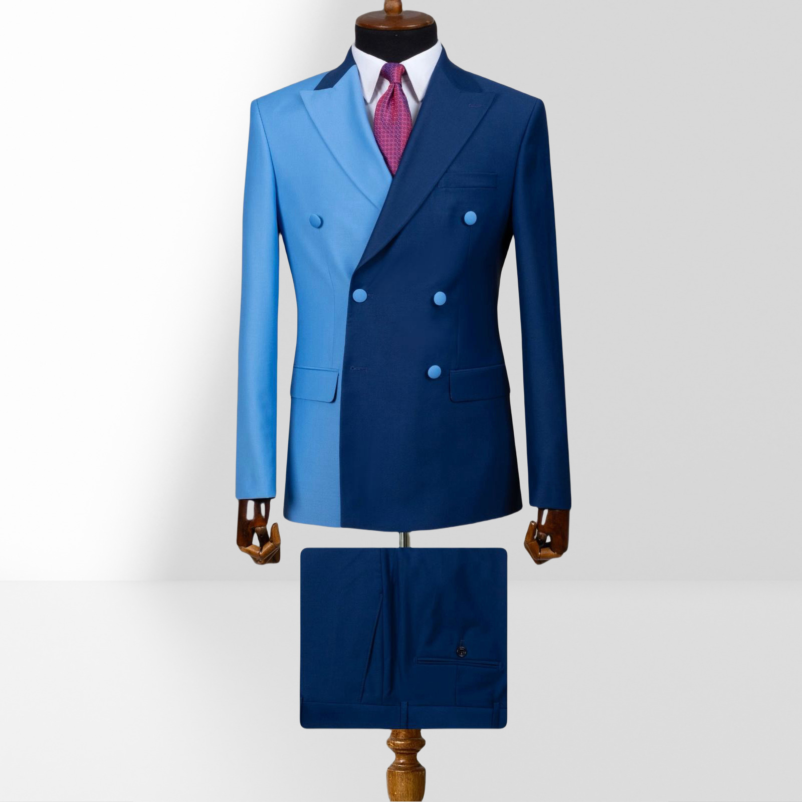 Light and Dark Blue Double-Breasted Slim Fit Suits with Peak Collar