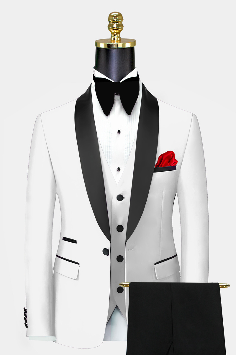 Brownie White Slim Shawl Collar Three-Piece Tuxedo Suit Black Trousers
